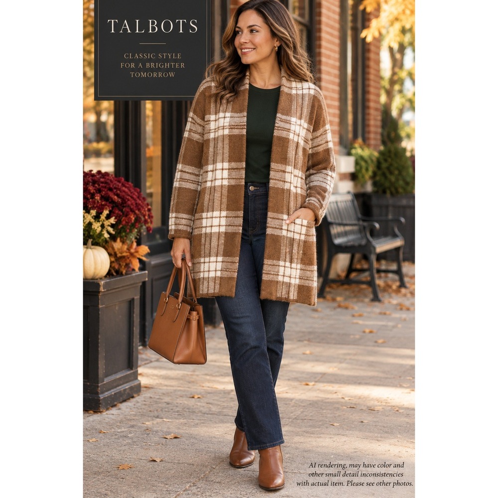 Talbots Plaid Open Front Cardigan Sweater Size Small Brown White Knit Coatigan